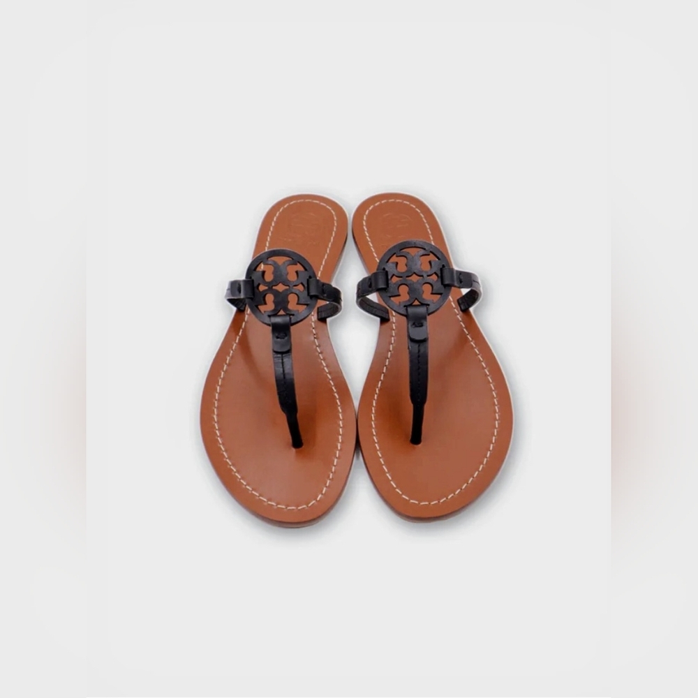 Tory Burch Black Logo Thong Sandals with Brown Footbed
